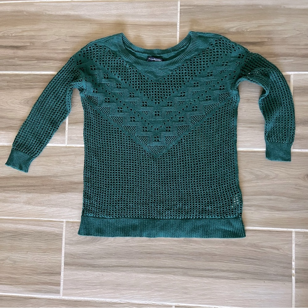 American Eagle | Dark Green Open Knit Sweater 3/4 Sleeves | Extra Small